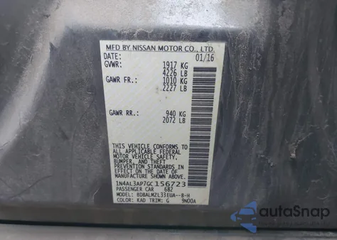 2016 Nissan Altima 2.5 Sv z USA, uszkodzony, nr VIN 1N4AL3AP7GC156723